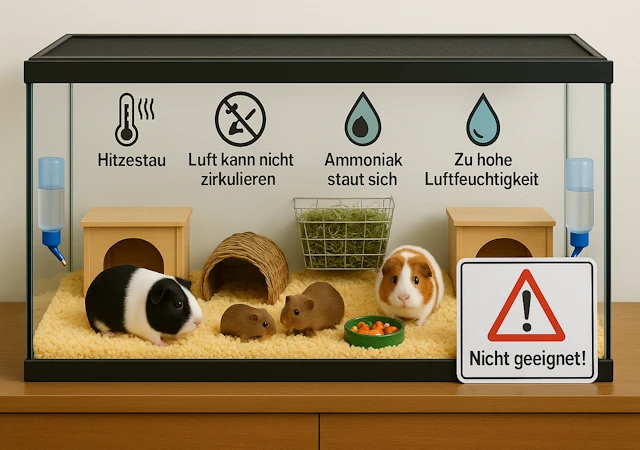 Aquarium aus Glas mit Meerschweinchen, als Beispiel, wie man Meerschweinchen nicht halten sollte.